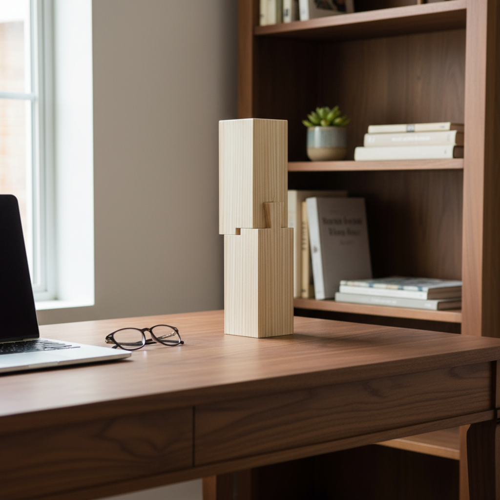 デスクに飾られた継手インテリア 手作り木製オブジェ