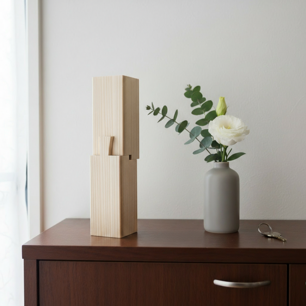 玄関に飾られた継手インテリア 手作り木製置物