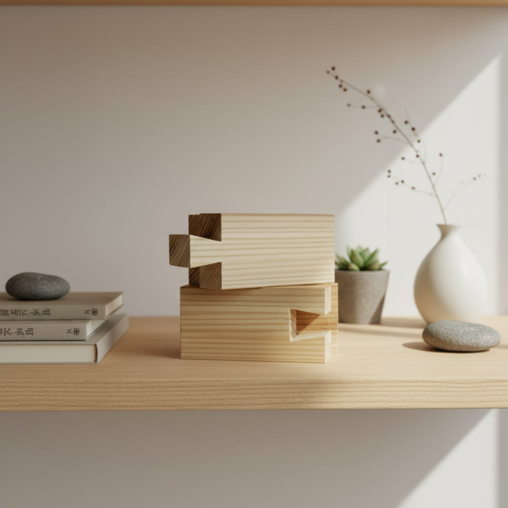 飾り棚に置かれた継手インテリア 伝統工芸の木工品